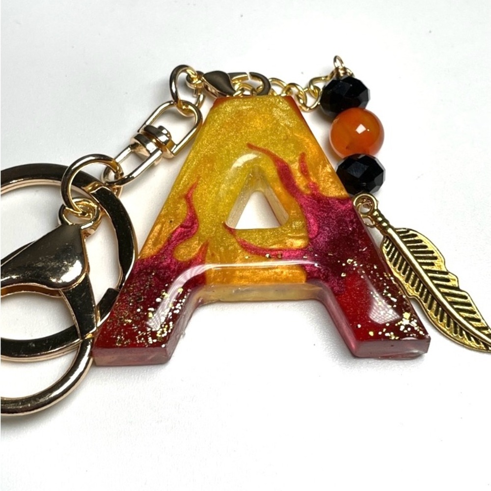 Custom Flaming Letter “A” Keychain with Carnelian Crystal And Gold Feather Charm - Picture 5 of 10